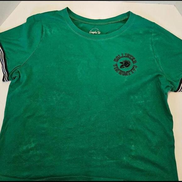 Tops - Hollister Women's Green Graphic Tee with Striped Sleeves Size Large